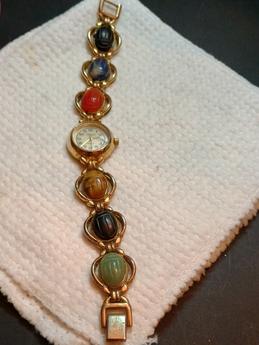 Vtg Lafayette Gold Scarab Beetle Gemstone Watch - WORKING